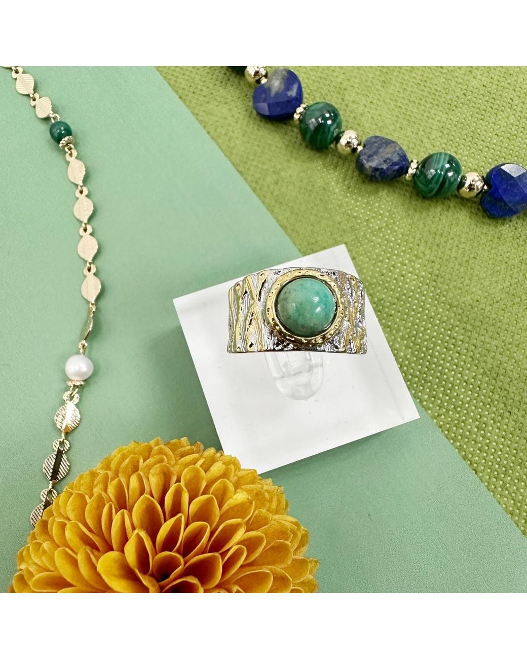 Farra Green Stone Platinum Plated Brass Adjustable Ring