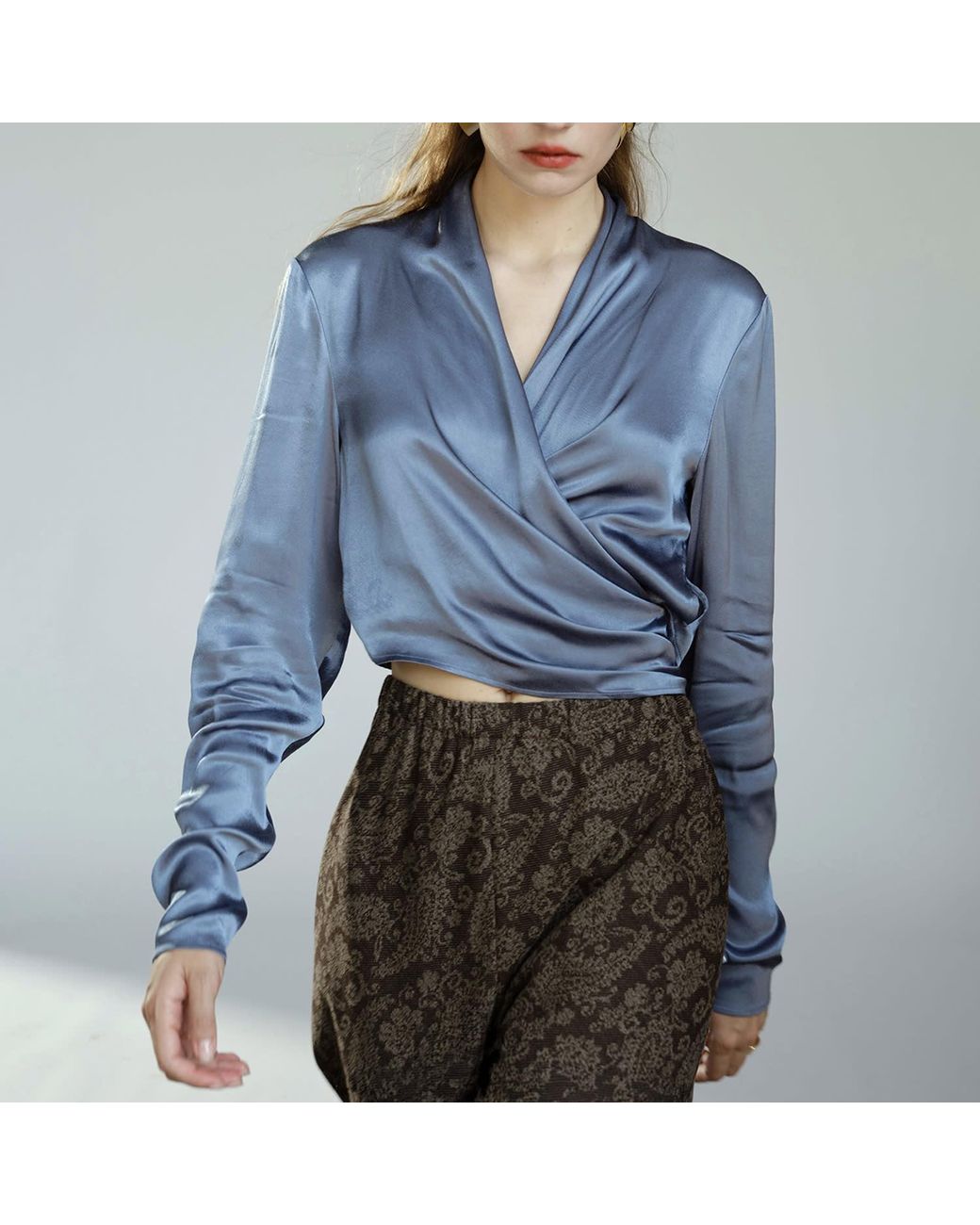 Belsize25 Blue Dusty Satin Draped Wrap Blouse