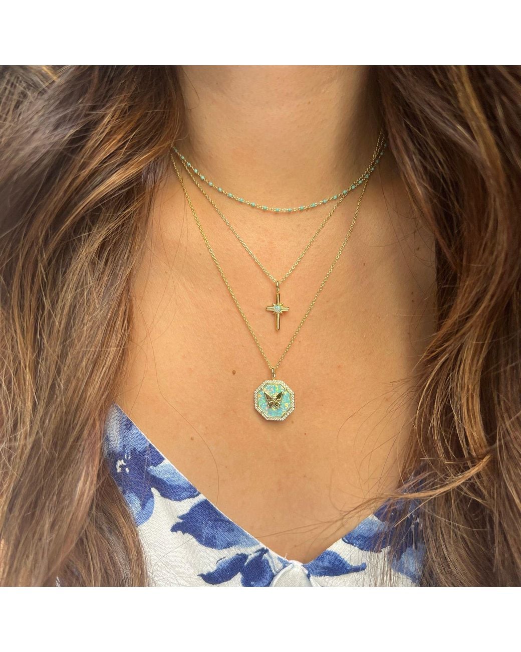 KAMARIA Metallic Opal Cross Charm Necklace