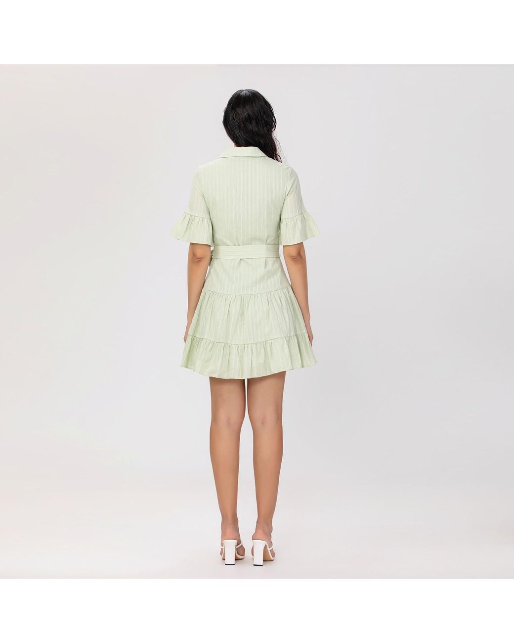 Smart and Joy Green Fit-And-Flare Tiered Ruffles Mini Shirt-Dress