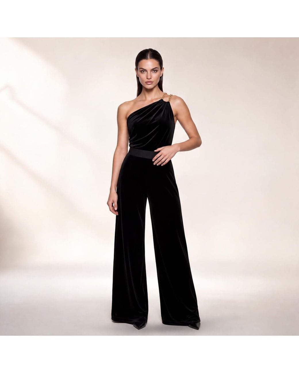 Me & Thee Black Raring To Go Velvet Jumpsuit With Hardwear