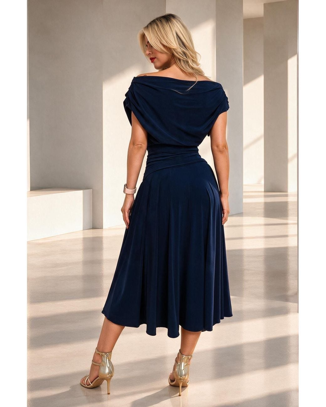 Atom Label Blue Carbon Bardot Tea Regular Length Dress