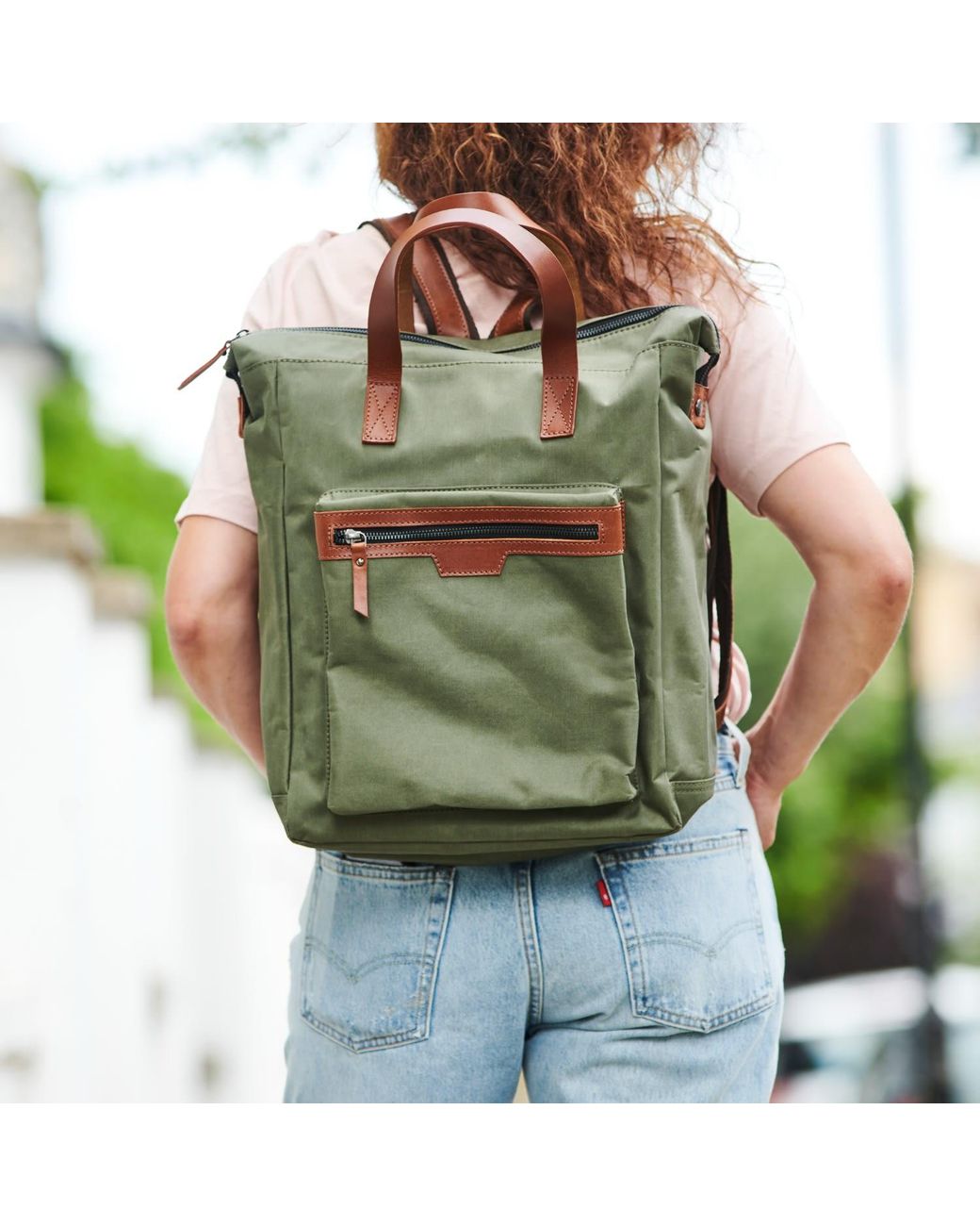 VIDA VIDA Green Leather Trim Top Zip Backpack