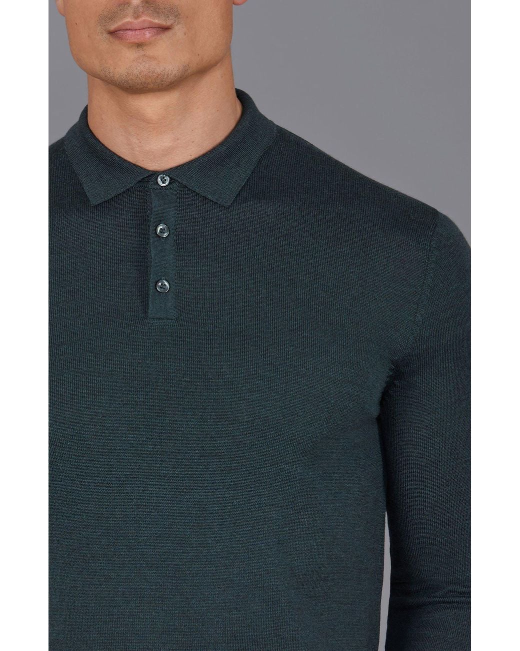 Paul James Knitwear Green Extra Fine Merino Wool Turner Long Sleeve Polo Shirt for men