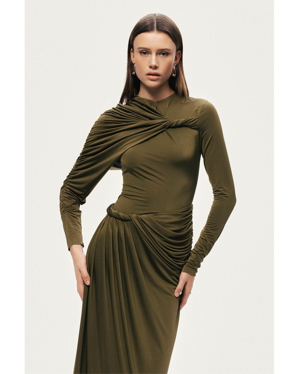 Nocturne Green Neutrals Draped Long Sleeve Maxi Dress