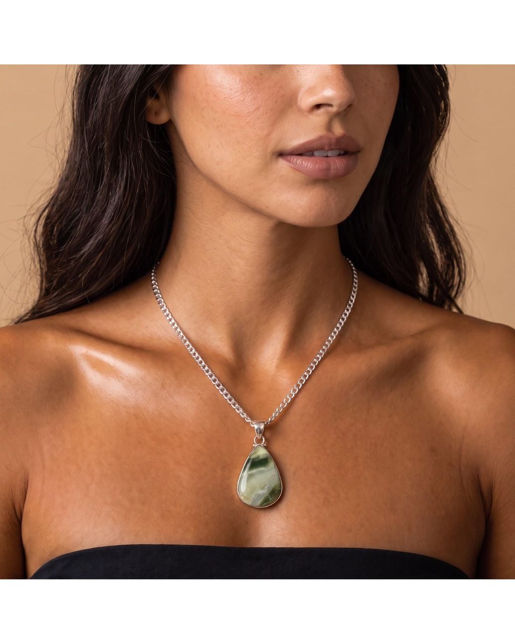Saéa Green Sage And Cream Serpentine Teardrop Pendant Necklace On Leather Cord