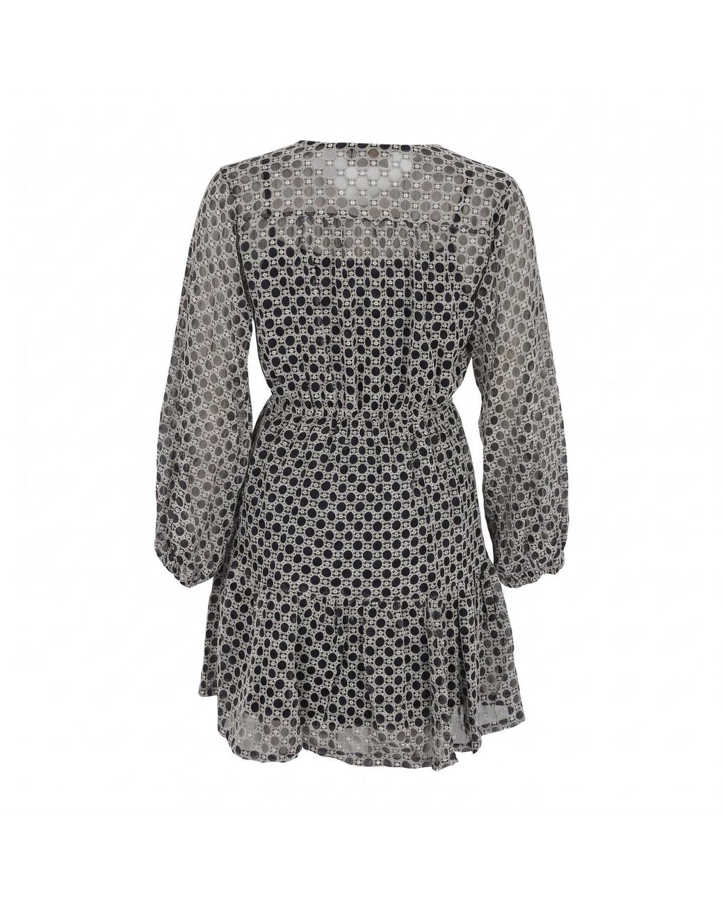 Modenaire Gray Polka Dot Embroidered Lace Dress With V-Neck & Tie Waist
