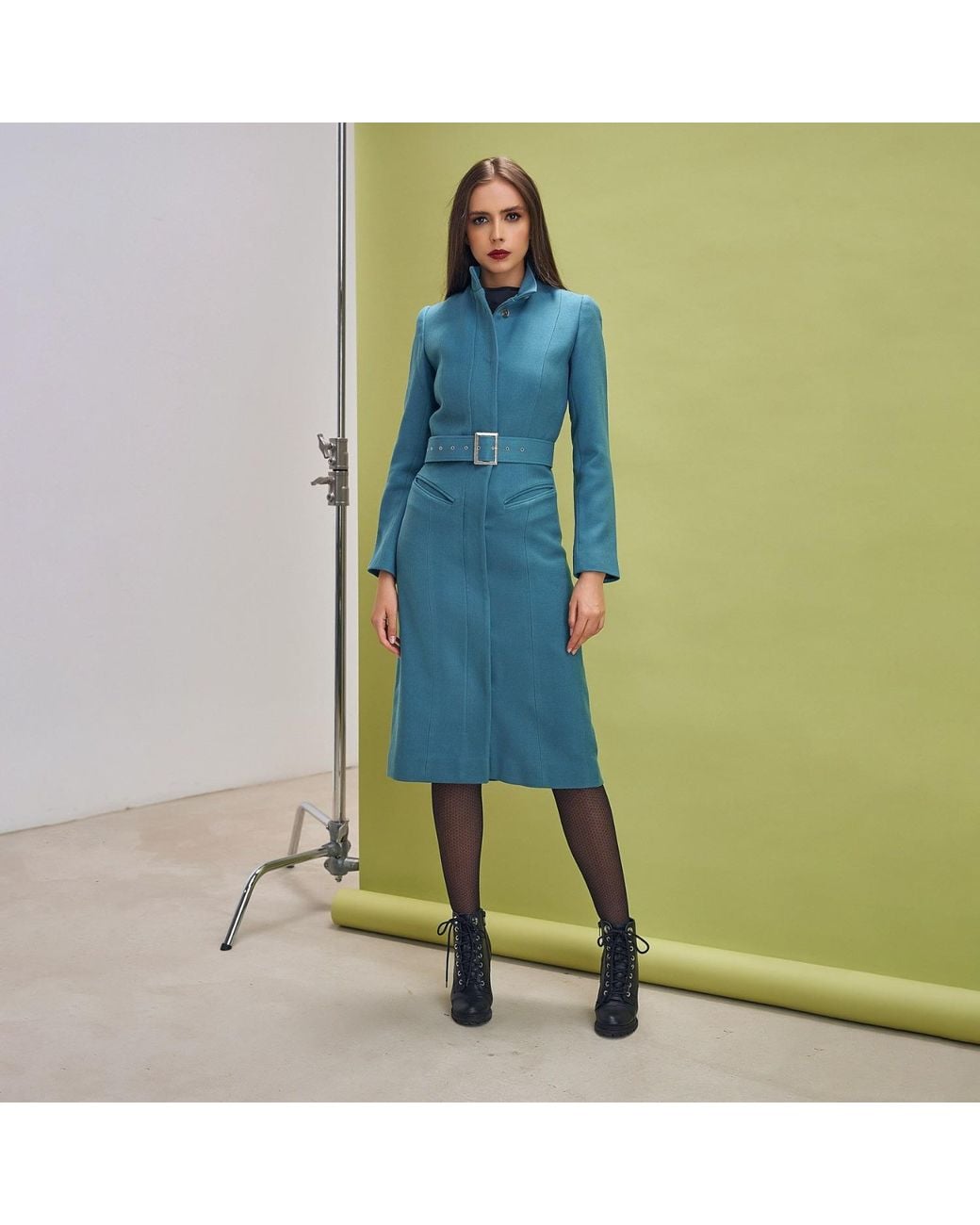 AVENUE No.29 Blue Midi Length Wool Coat With Belt