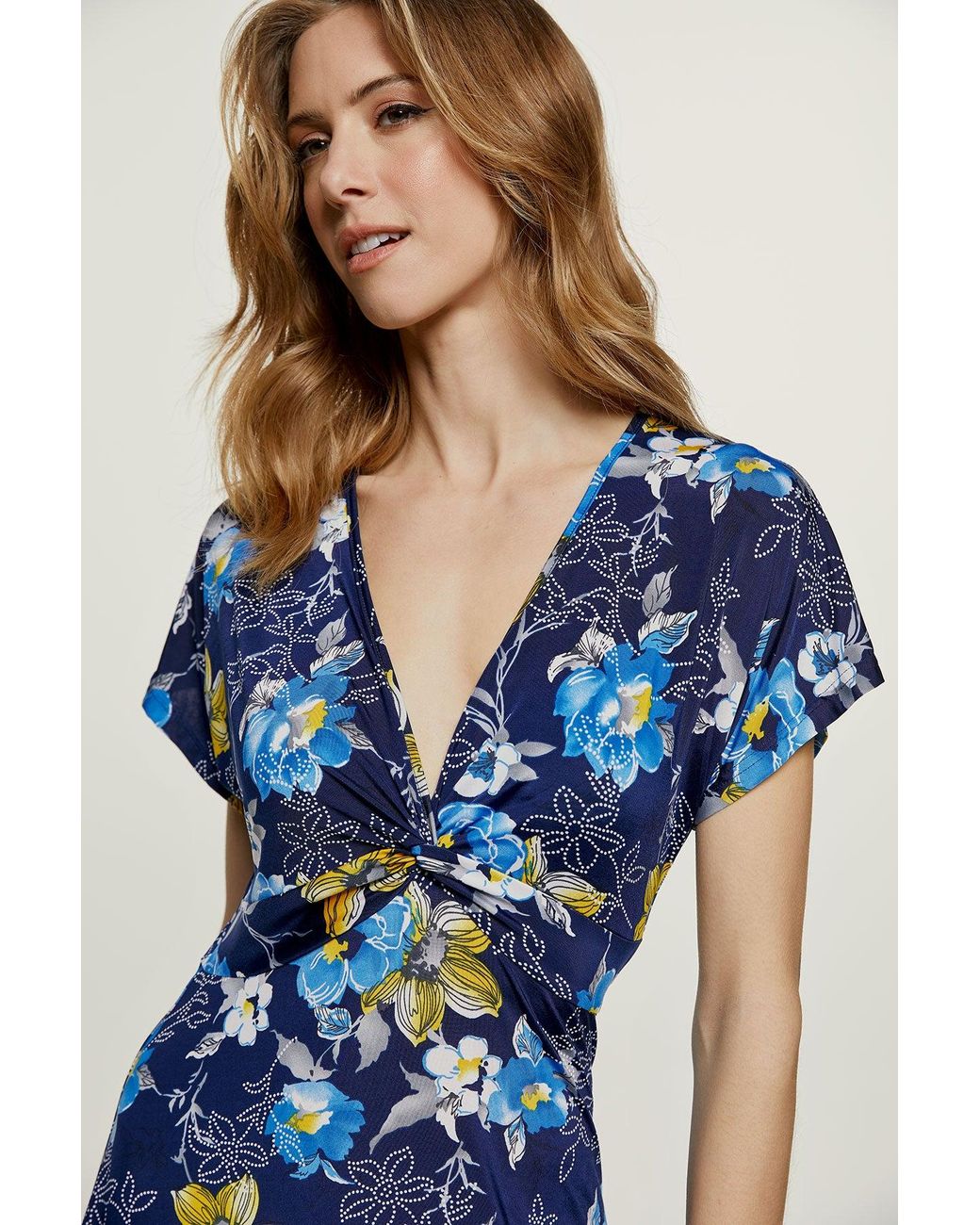 Conquista Blue Print Knot Detail Midi Dress