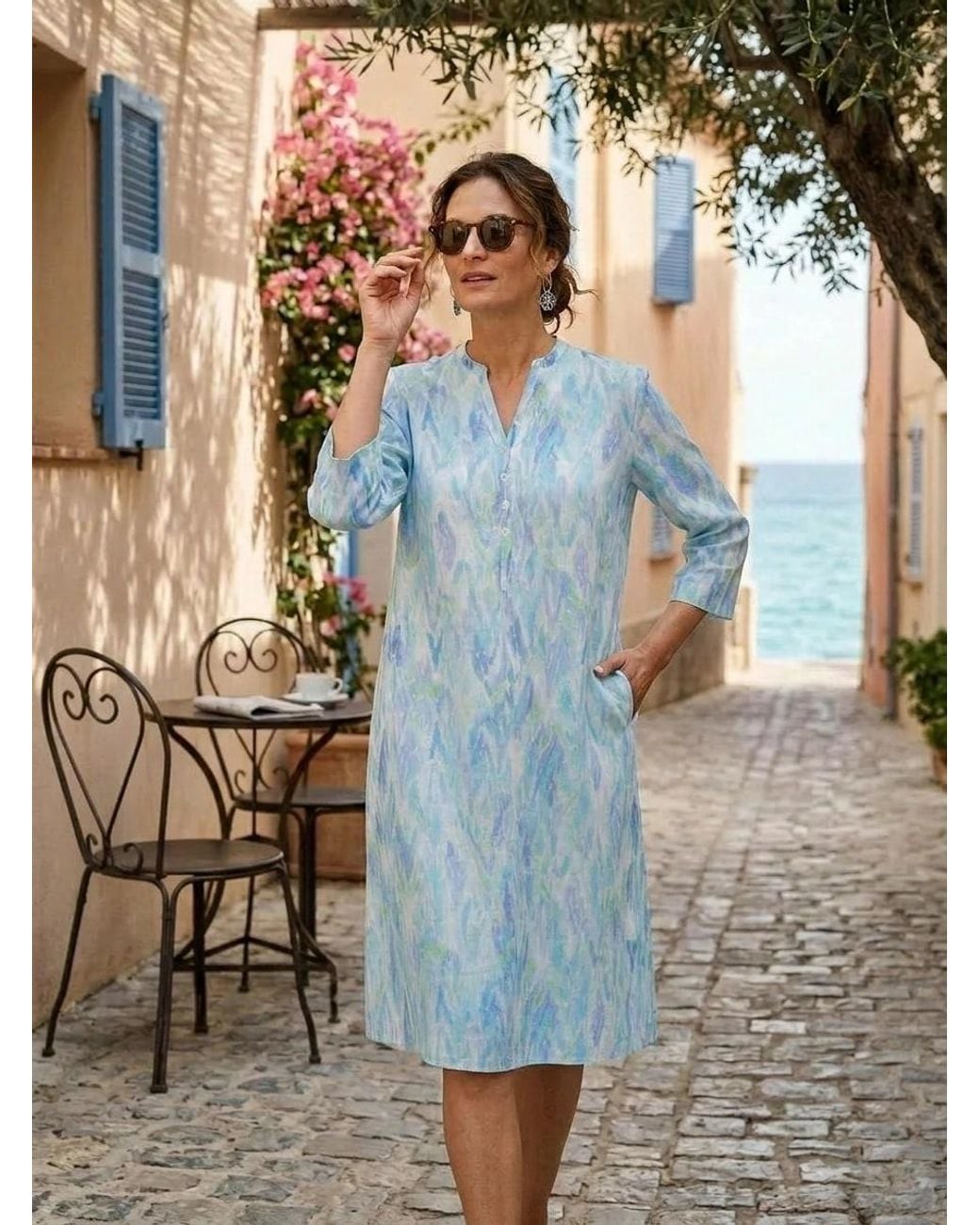 NoLoGo-chic Blue Seaside Ikat Linen Tunic Dress
