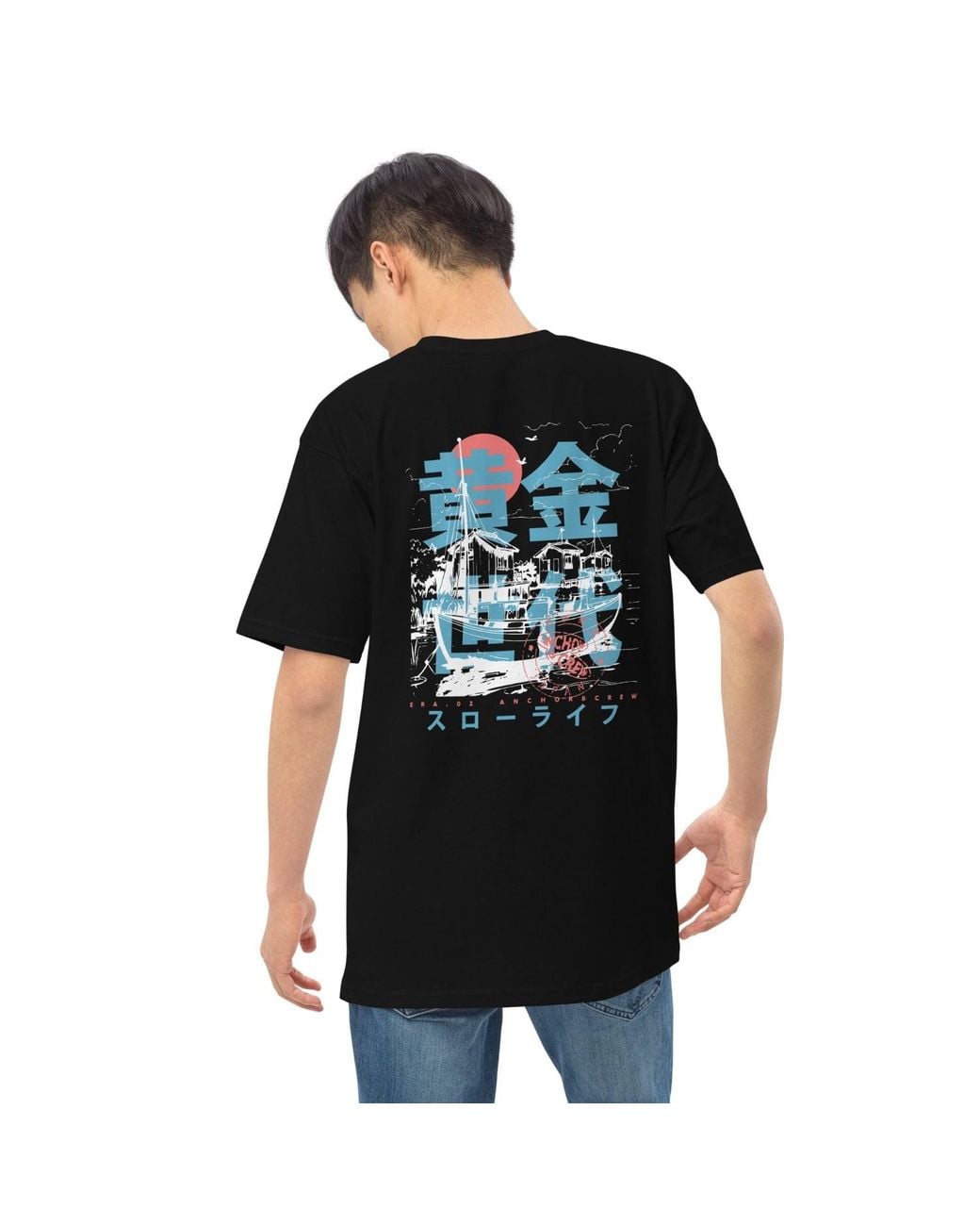 Anchor and Crew Black Two Fisherman Japan Era Heavy Cotton T-Shirt for men