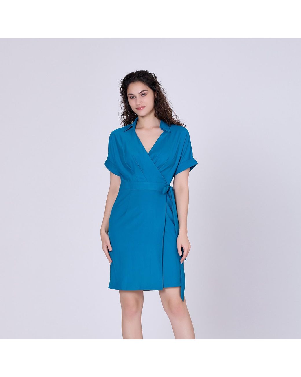 Smart and Joy Blue Wrap Minimalist Dress And Italian Collar