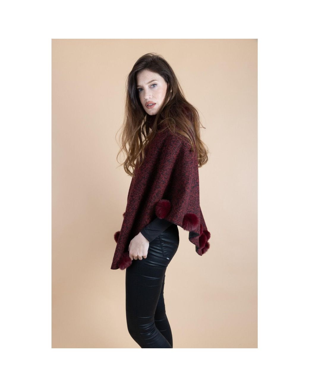 Saachi Red Faux Fur Poncho Pom Pom