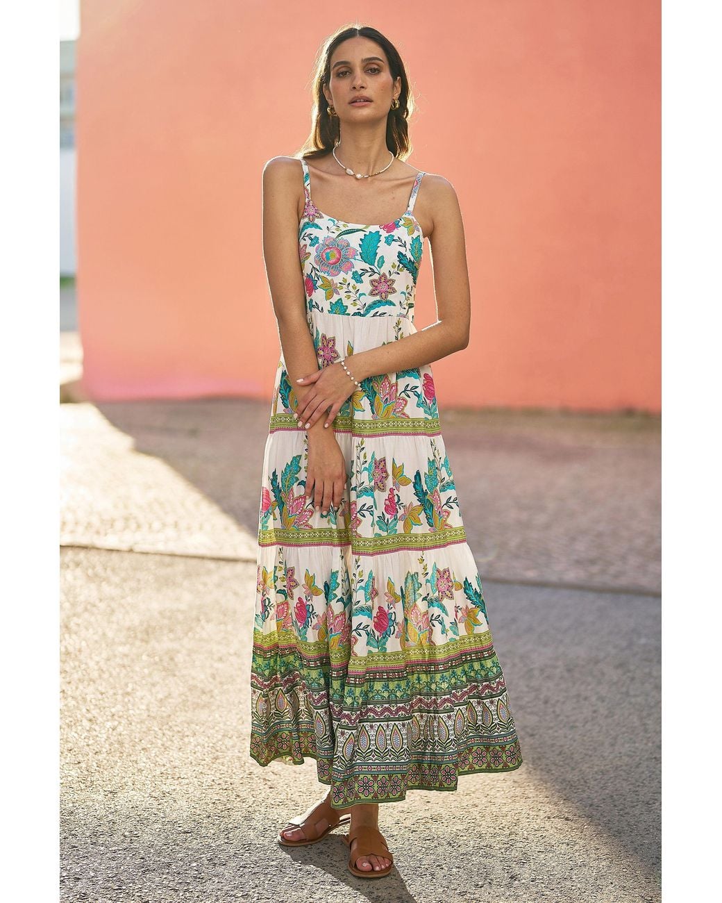 Yumi' Green Floral Block Print Tiered Maxi Sun Dress