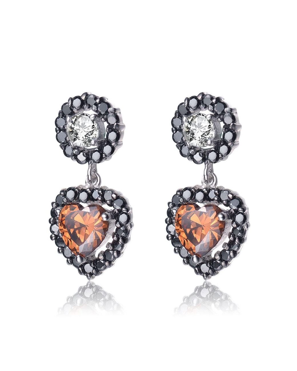 Genevive Jewelry Black Sterling Clear & Copper Cubic Zirconia Heart Drop Earrings