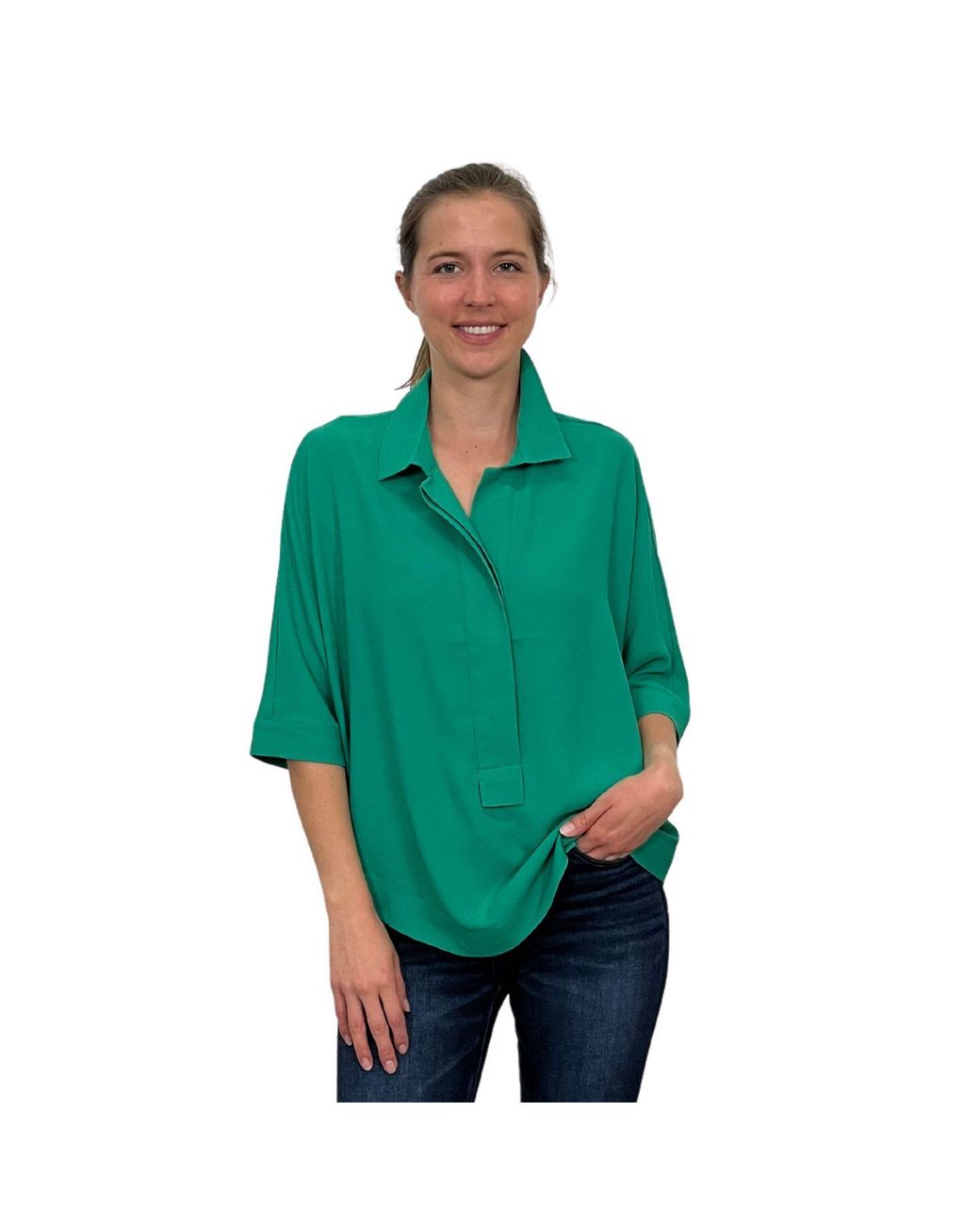Perlavera Blue Pino Hidden Placket Three Quarter Sleeve Shirt