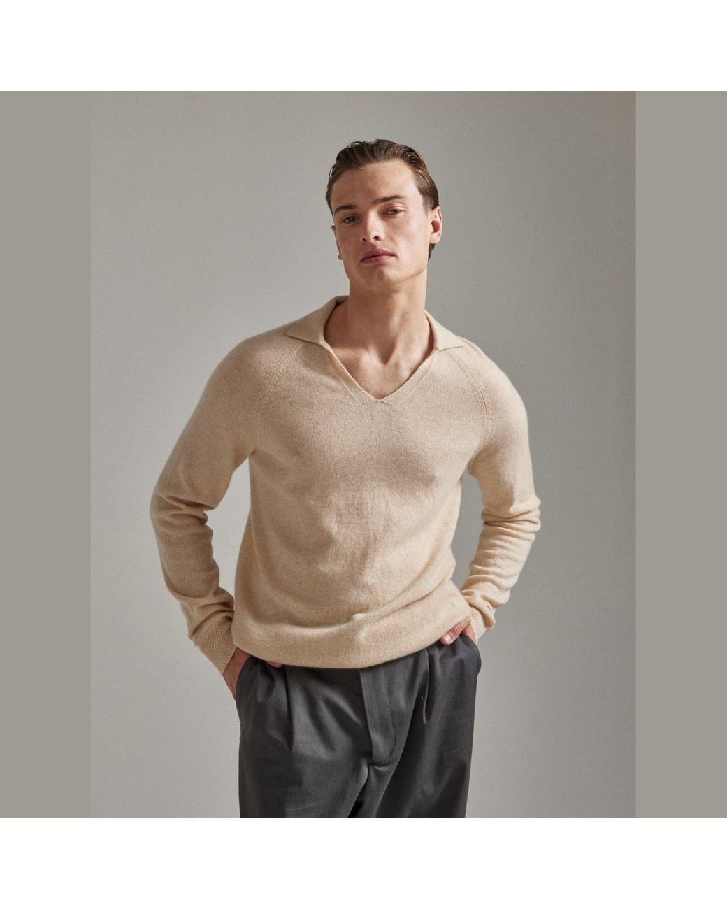 Salts Cashmere Natural Neutrals Split Neck Polo Sweater