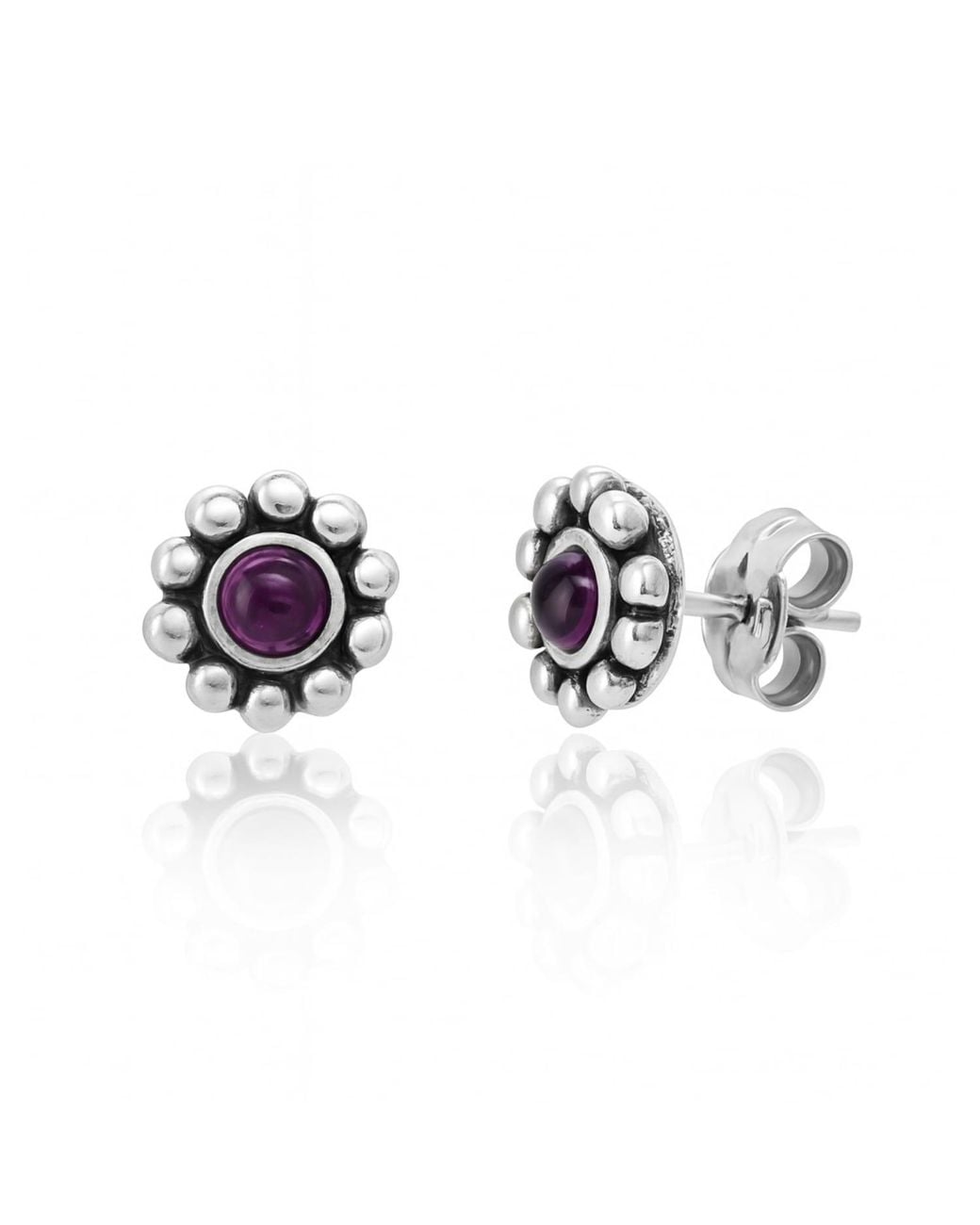 Unaloe Metallic Sterling Flower Stud Earrings With Amethyst – Contemporary Gemstone Designer Jewelry For