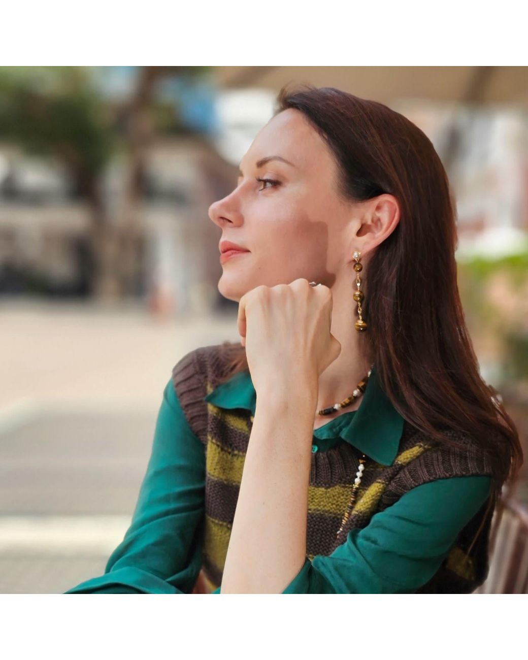 Farra Metallic Tiger Eye Shoulder Earrings