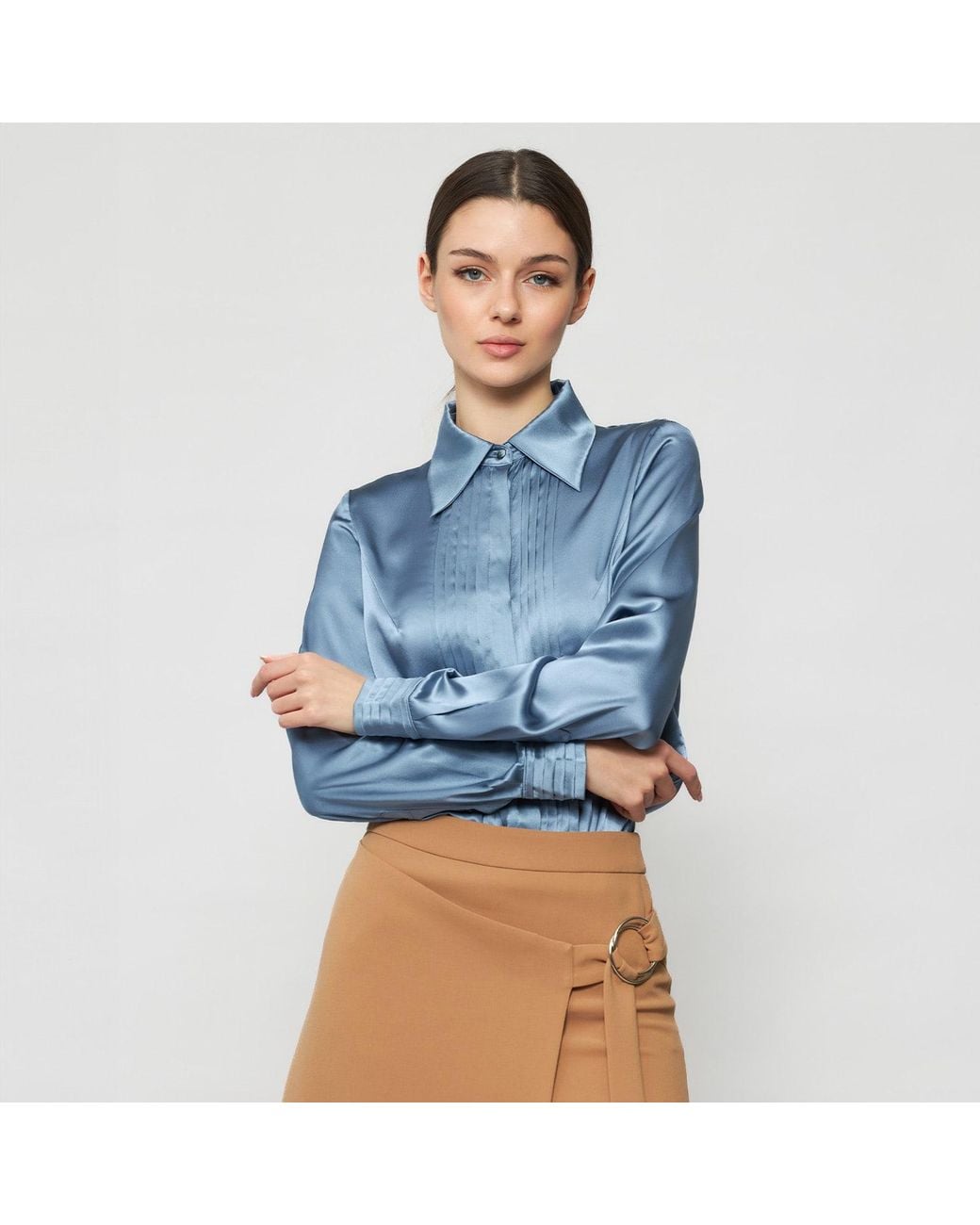 Solgo Atelier Blue Solgo Pleated Silk Charmeuse Shirt