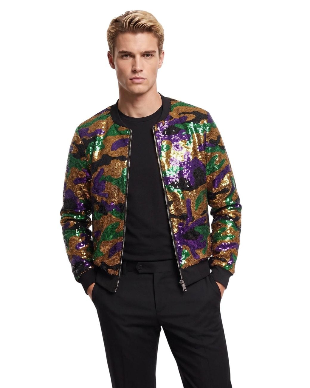 Any Old Iron Green Nola Camo Sequin Bomber Jacket for men