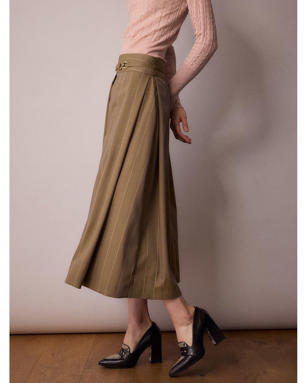 Amanda Thompson Couture Brown Marlo Box Pleat Skirt Sand Pinstripe