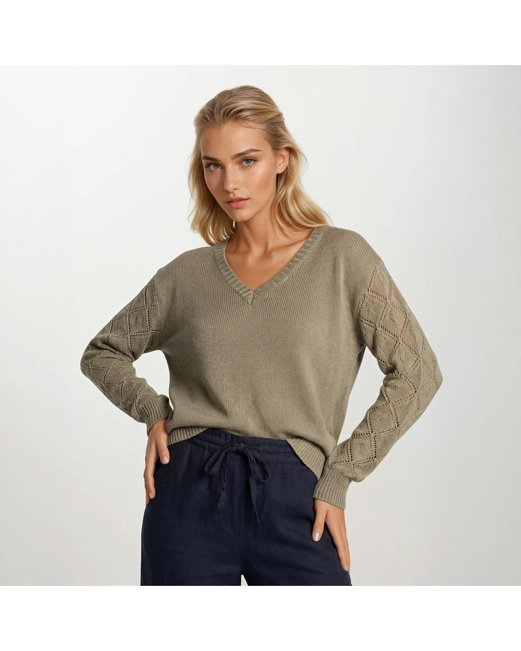 Haris Cotton Green Knit Sweater With Embroidered Sleeves Sage