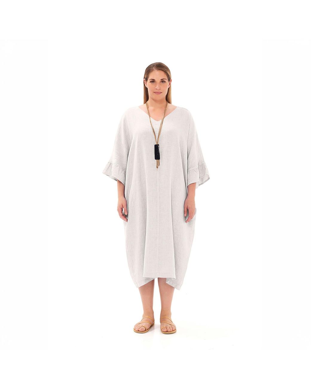 Haris Cotton Gray Cami Ruffled Sleeves Curve Linen Dress