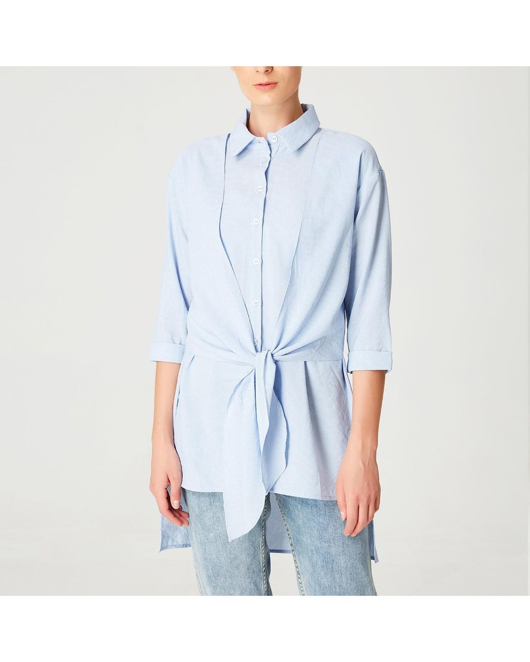 Smart and Joy Blue Long Shirt With Knotted Panels
