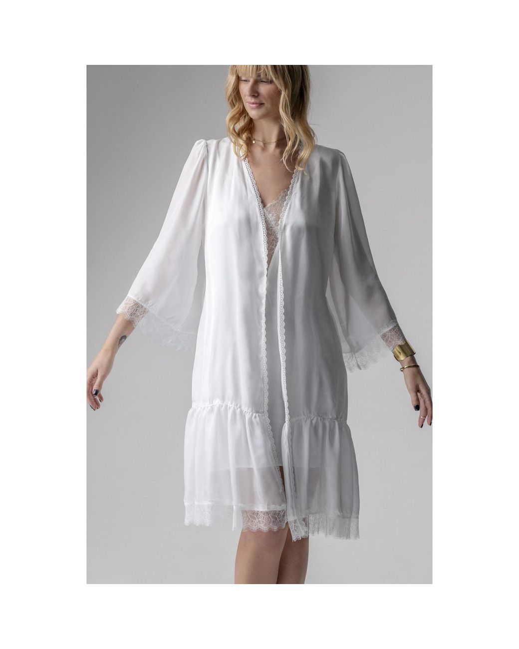 Oh!Zuza White Grace Satin Viscose Midi Robe Chiffon Lace Cream