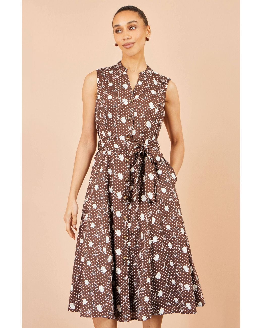 Yumi' Brown Cotton Embroidery Shirt Dress