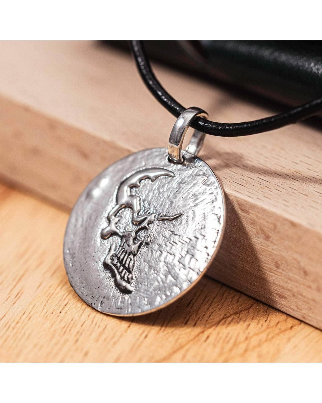 German Kabirski Metallic Dhara Oxidized Sterling Round Pendant With Half Skull Relief for men