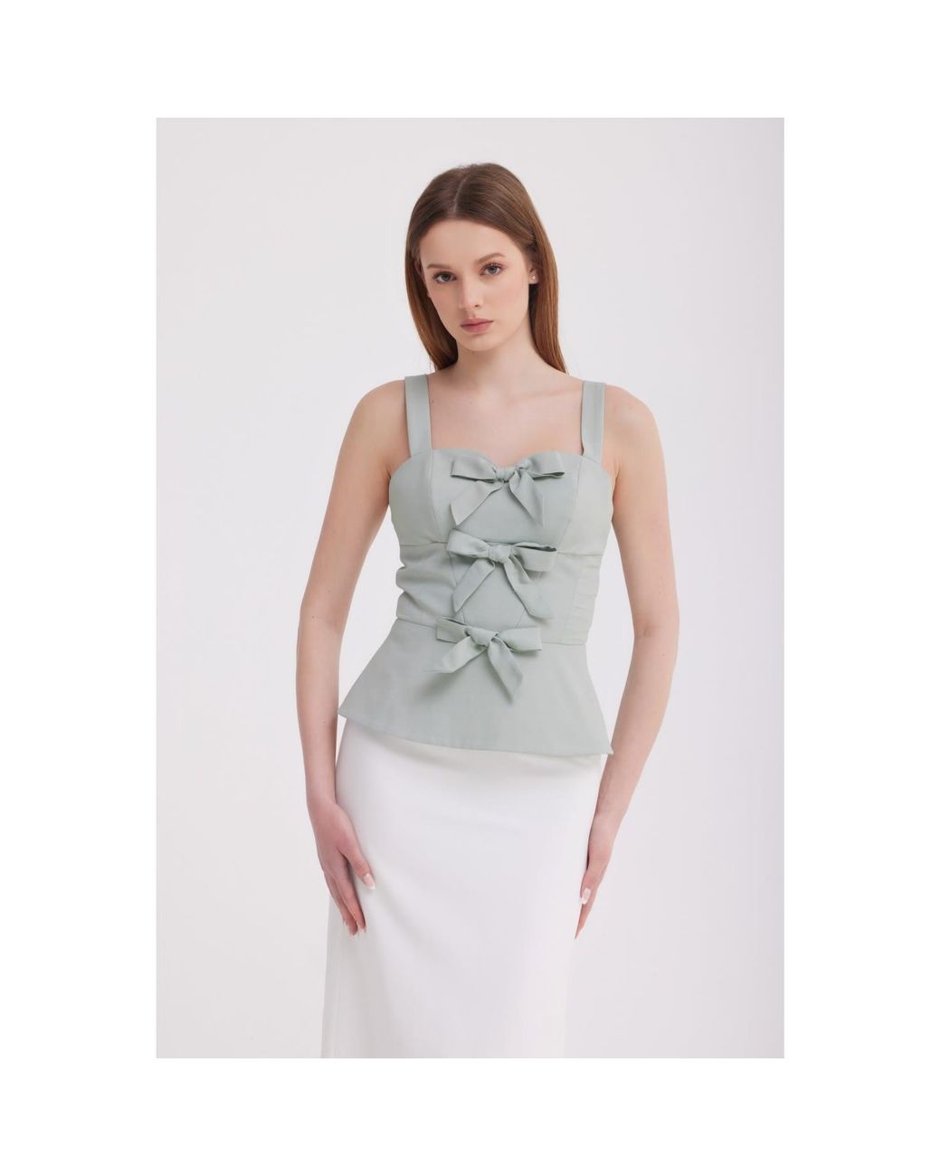 Georgette Blue Mint Bow Detail Peplum Top