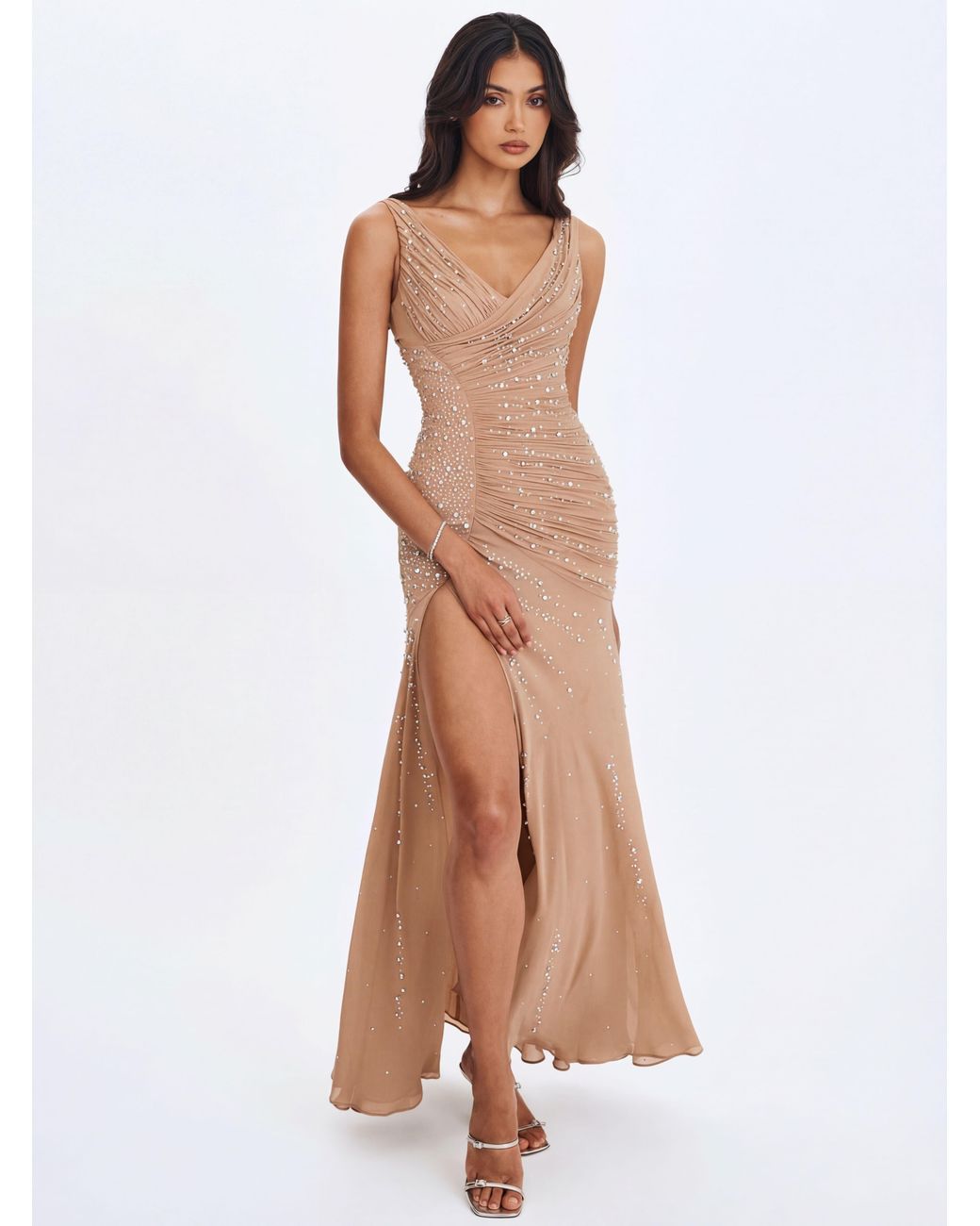 Miss Circle New York Brown Neutrals Viveca Apricot Crystal-Embellished Asymmetrical Ruched Maxi Dress