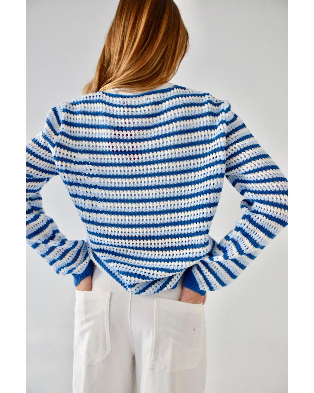 Mind Traveler Blue Striped Open-Knit Tie-Front Cardigan
