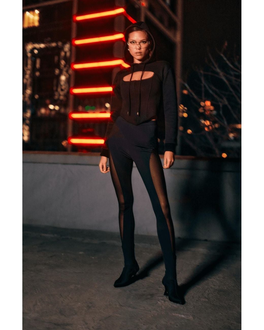 No'design Blue Sheer Detail Elastic Hem Leggings