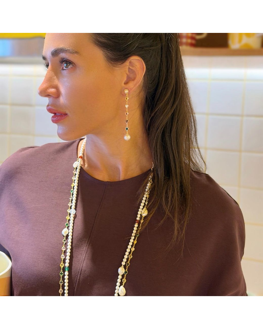 Farra White Colorful Heart Zircon Chain With Baroque Pearls Long Station Necklace