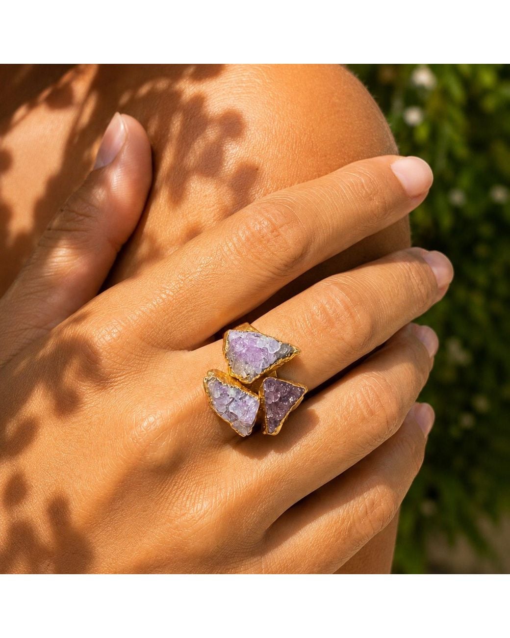 By Ozge Multicolor Amethyst Trinity Plated Adjustable Ring