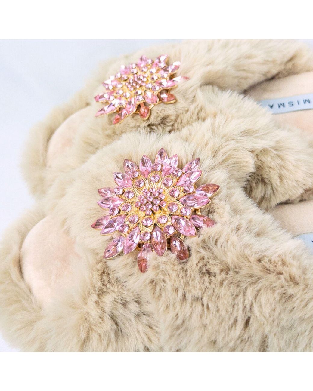 Yomisma Pink Neutrals Eco Faux Fur Slippers – Recycled Faux Fur + Removable Brooches