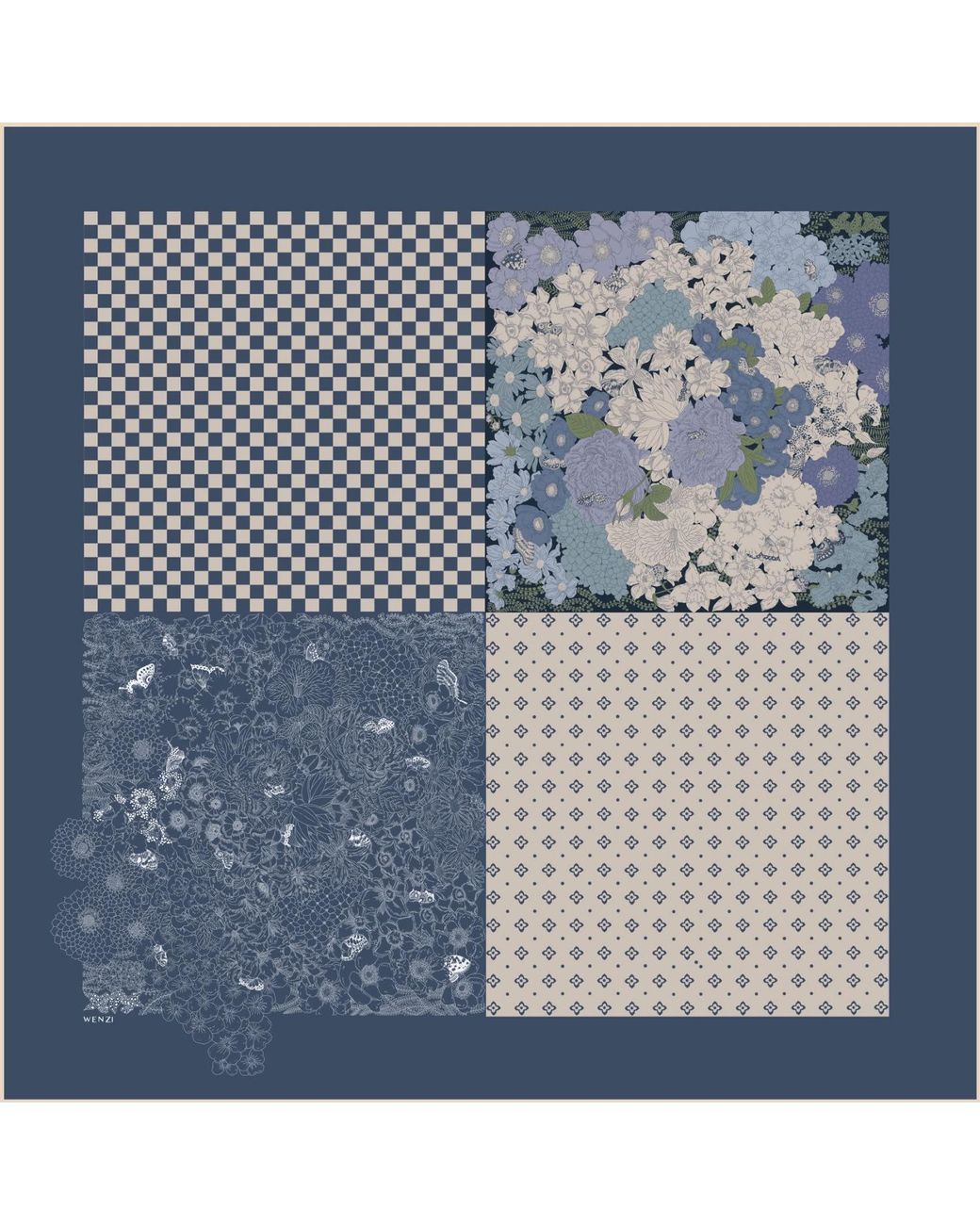 Wenzi Gray Patchwork Of Dreams Hand Painted Pattern Double Sided Silk Twill Scarf