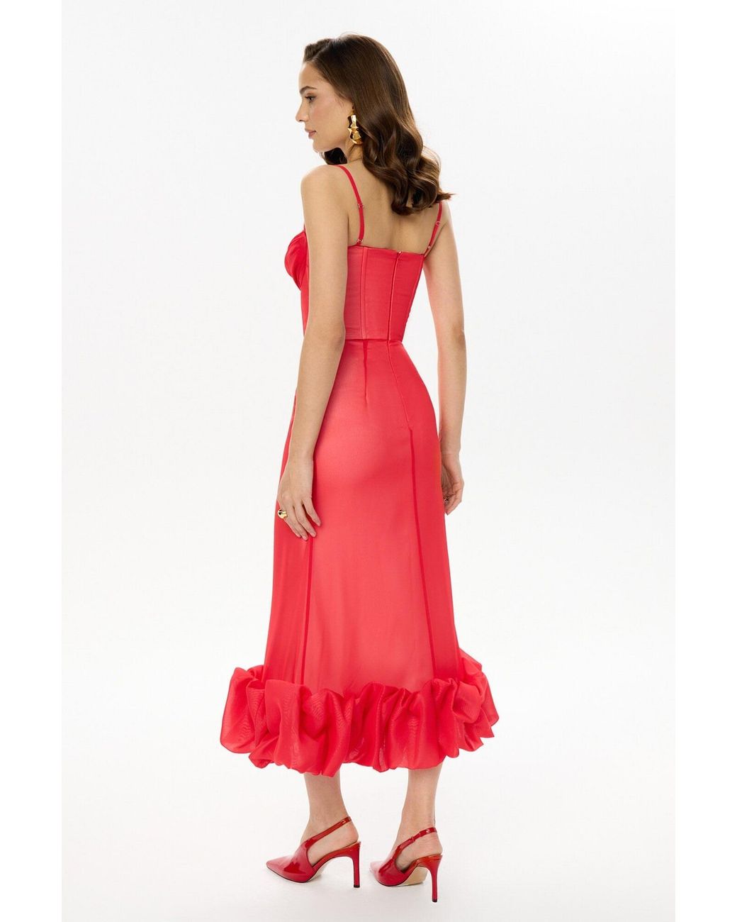 POST MERIDIEM Red Draped Bodice Bottom Flounced Bustier Dress
