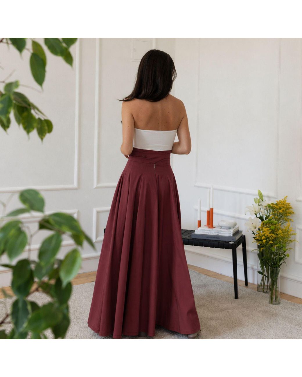 Nikka Place Red Summer Cocktail Maxi Cotton Skirt With High Waist