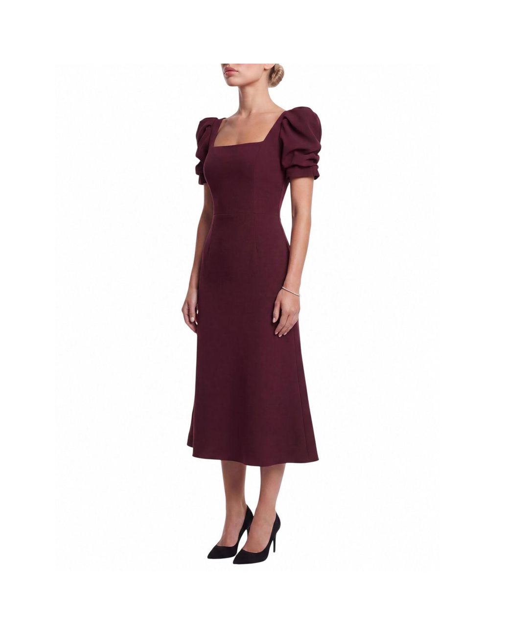POST MERIDIEM Purple Vinous Godet Silhouette Square Neck Midi Dress