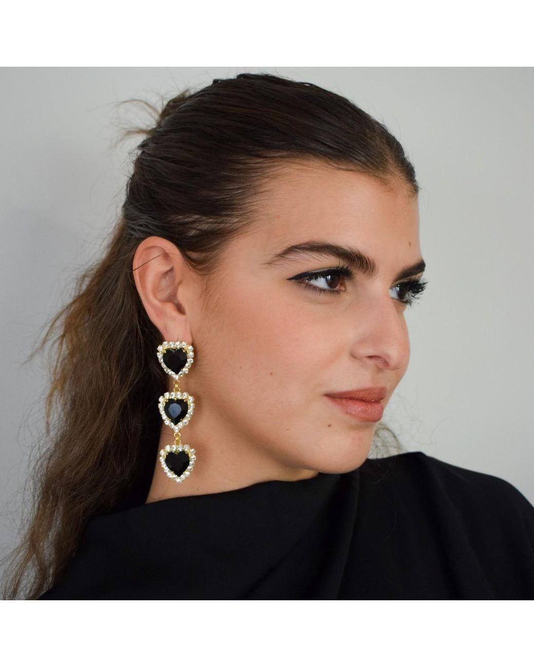 Achala Handcrafted Black Via Dell' Amore Crystal Long Heart Earrings
