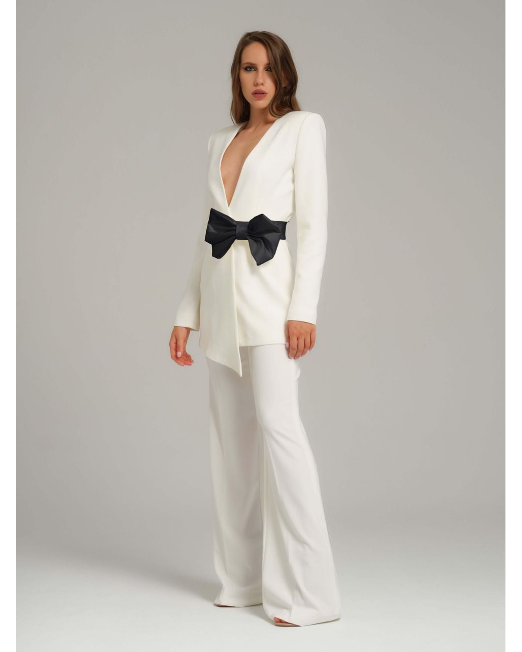 Tia Dorraine White Rare Pearl Power Suit With Detachable Bow Belt
