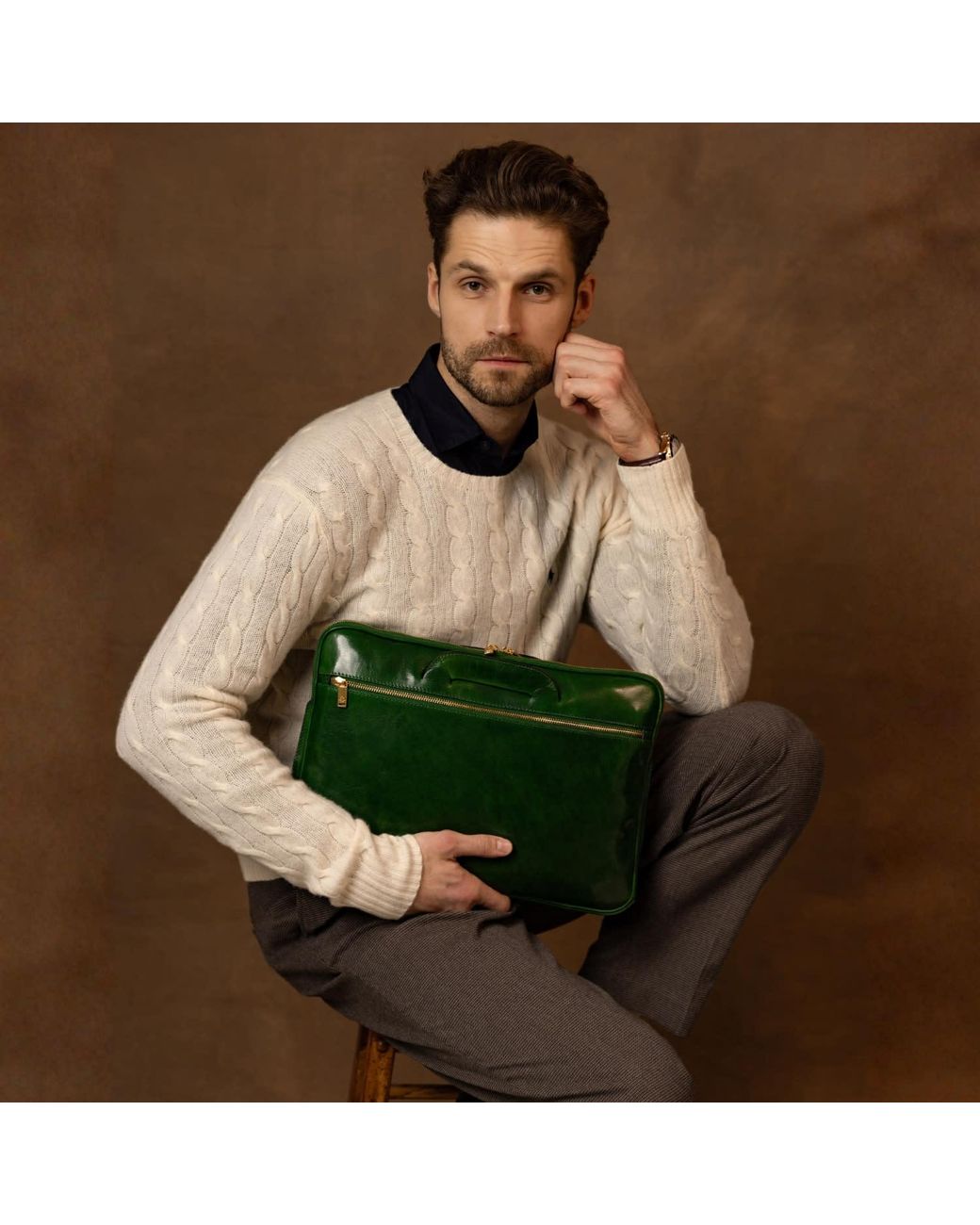 Time Resistance Green Leather Briefcase Laptop Bag for men