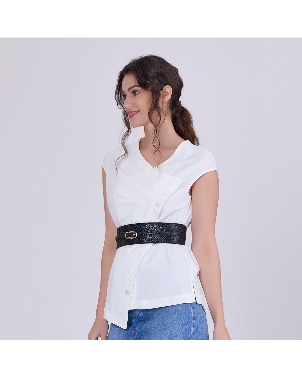 Smart and Joy White Double Breasted Pleated Asymmetric Top