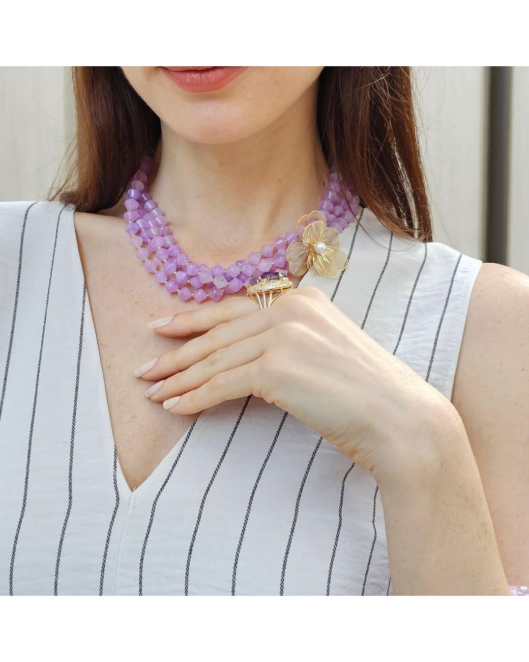 Farra Purple Multi-Layers Jade With Flower Charm Necklace