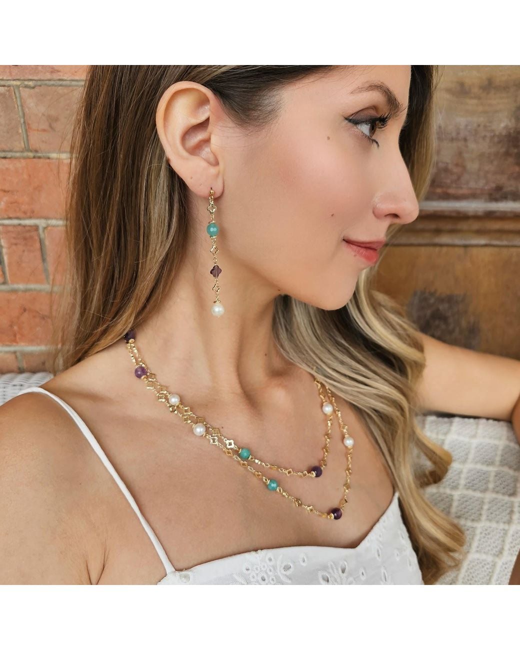 Farra White Amethyst Amazonite & Pearl Long Station Necklace