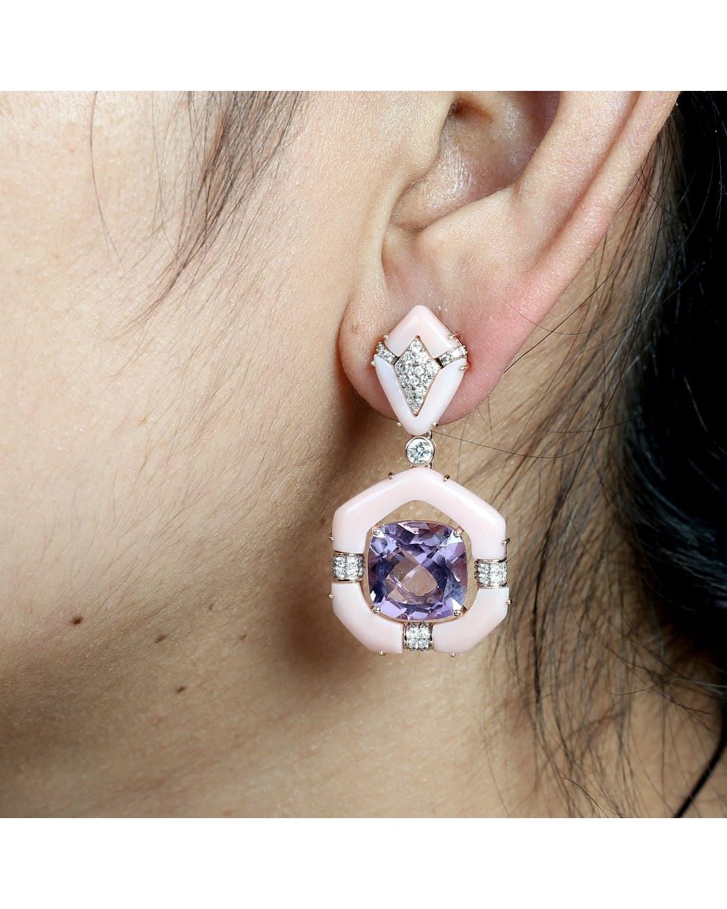Artisan Pink Amethyst, Opal & Diamond Drop Earrings